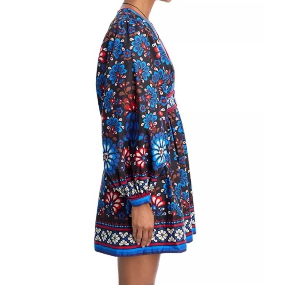 FARM RIO Latina Scarf Mini Dress Sz Medium Blue Mosaic Floral Cotton Long Sleeve - Picture 6 of 16